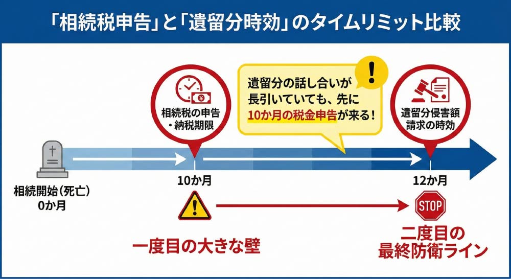 「相続税申告」と「遺留分時効」のタイムリミット比較